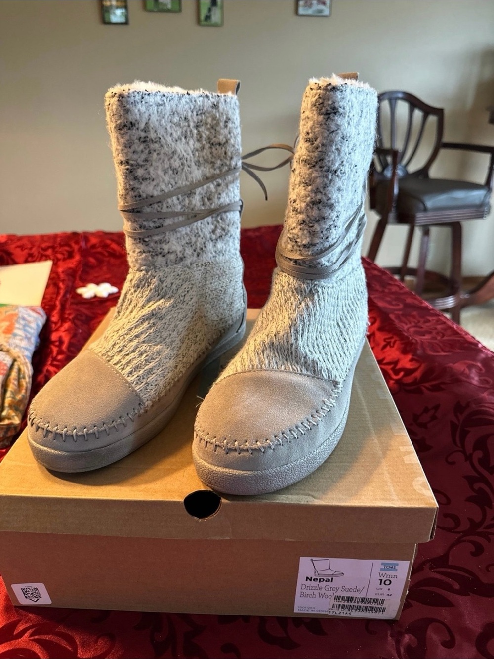 Toms Drizzle Grey Wool-Trim Suede Winter Boots - Women's